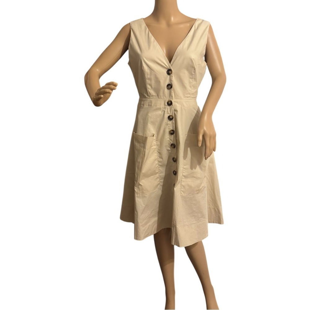 Olivaceous Sleeveless Button-Front Womens Sz L Dress Tan with Pockets Open Back